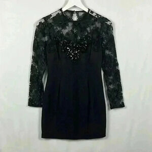 The Little Black Dress Lacey Long Sleeves Lace & Sparkly Beads  Mini Zip Back XS